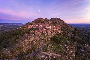 Monsanto Prints: Drone aerial panorama view of Monsanto historic village at sunset, in Portugal