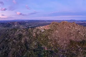 Monsanto Prints: Drone aerial panorama view of Monsanto historic village at sunset, in Portugal
