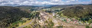 Drone aerial panoramic photograph of the Lithgow Train maintenance facility in the Central Tablelands in the Blue