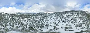 Snowstorm Prints: Drone aerial scenery of mountain snowy forest landscape covered in snow
