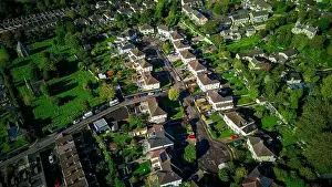 Drone aerial view over Audley Avenue, in the Weston area of Bath UK. (24-10-2023)