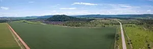 Drone aerial view of BR-163 road and huge soybean plantation area