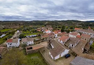 Monsanto Prints: Drone aerial view of Idanha a velha historic village and landscape with Monsanto on the background