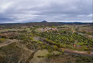 Monsanto Prints: Drone aerial view of Idanha a velha historic village and landscape with Monsanto on the background
