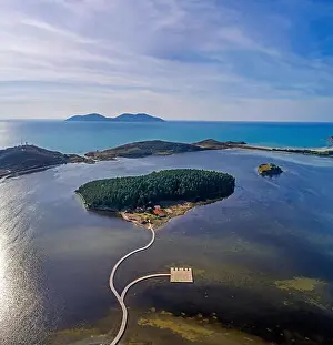 Collapse Prints: Drone aerial view on isolated Monastery of Saint Mary on Zvernec island (Narta Lagoon)