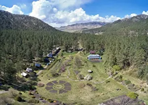 Drone bird's-eye panorama of Gorno-Altai Botanical Garden. Altai, Russia