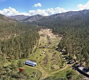 Drone bird's-eye panorama of Gorno-Altai Botanical Garden. Altai, Russia