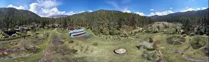 Drone bird's-eye panorama of Gorno-Altai Botanical Garden. Altai, Russia