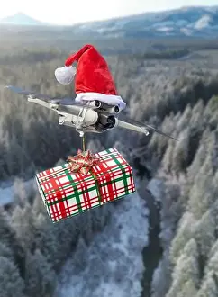 Quadcopter Prints: Drone concept wearing a santa hat and holding a wrapped gift out for delivery isolated over a rural landscape