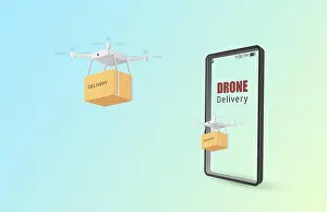 Fastfood Prints: Drone delivery concept poster or banner with Drone transporting parcels in the air from online shopping with smartphone