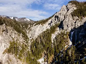 Drone flight over the Oetschergraeben canyon in Lower Austria in winter