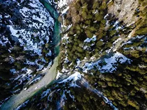 Forest Trees Prints: Drone flight over the Oetschergraeben canyon in Lower Austria in winter