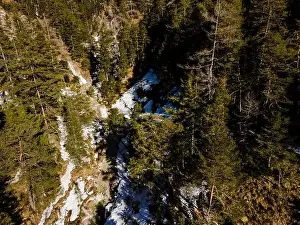Drone flight over the Oetschergraeben canyon in Lower Austria in winter