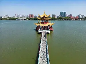 City Skyline Prints: Drone Footage of Visitors on Bridge Leading to Spring and Autumn Pavilion Taiwan