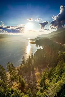 drone image. aerial view of rural area with fields and forest lake