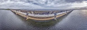 Hydro Prints: Drone image over the Haringvlietdam flood barrier near the Dutch town of Ouddorp against a cloudy morning sky