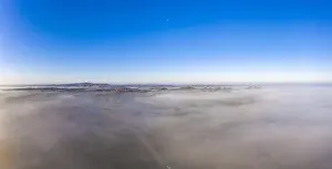 Nightmare Prints: Drone image of morning ground fog over fields in the German province of North Hesse near the village of Rhoden