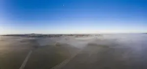 Nightmare Prints: Drone image of morning ground fog over fields in the German province of North Hesse near the village of Rhoden