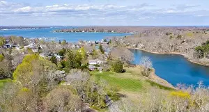 Shelter Island Prints: Drone image of Shelter Island Heights and Dering Harbor in the distance