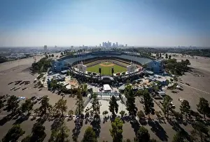 Baseball Player Prints: Drone images of Dodger Stadium with the Los Angeles skyline visible in a few shots