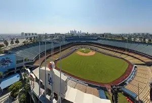 Baseball Player Prints: Drone images of Dodger Stadium with the Los Angeles skyline visible in a few shots