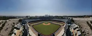 Baseball Player Prints: Drone images of Dodger Stadium with the Los Angeles skyline visible in a few shots