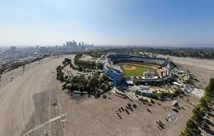 Baseball Player Prints: Drone images of Dodger Stadium with the Los Angeles skyline visible in a few shots