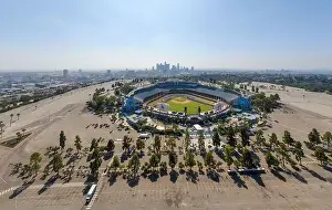 Baseball Player Prints: Drone images of Dodger Stadium with the Los Angeles skyline visible in a few shots