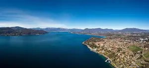 Northern Italy Prints: Drone landscape panorama of Lake Maggiore in the Italian Lake District and the village of Ispra