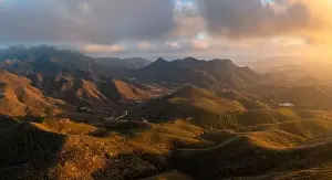 Chaparral Prints: drone landscape of semi-desert mountain landscape in southern Spain at sunset