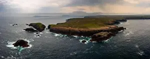 County Mayo Prints: A drone panorama of the cliffs of Erris Head on the northern tip of the Mullet Peninsula in County Mayo under a stormy