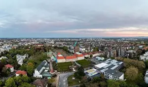 City Panorama Prints: Drone panorama of the Hessian university city Darmstadt in Germany in the morning light