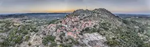 Holiday Maker Prints: Drone panorama of historic city and fortification Monsanto in Portugal in the morning during summer sunrise