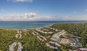 Paradise Beach Prints: Drone panorama of a hotel complex on the Gulf Coast of Mexico's Yucatan Peninsula during the daytime