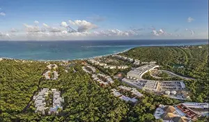 Drone panorama of a hotel complex on the Gulf Coast of Mexico's Yucatan Peninsula during the daytime