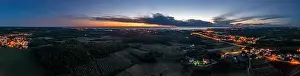 Drone panorama over Istrian Adriatic coast near Porec taken from high altitude in the evening at sunset