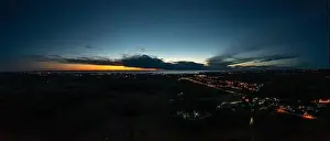 Drone panorama over Istrian Adriatic coast near Porec taken from high altitude in the evening at sunset