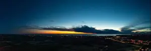 Drone panorama over Istrian Adriatic coast near Porec taken from high altitude in the evening at sunset