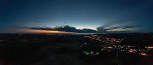Porec Prints: Drone panorama over Istrian Adriatic coast near Porec taken from high altitude in the evening at sunset