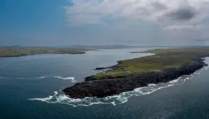 County Mayo Prints: Drone panorama landscape of Boradhaven Bay and the hsitoric Broadhaven Lighthouse on Gubbacashel Poi