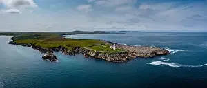 A drone panorama landscape of Boradhaven Bay and the hsitoric Broadhaven Lighthouse on Gubbacashel Point