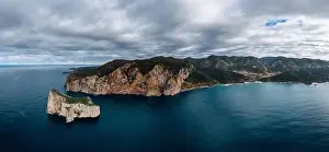 Drone panorama landscape of the cliffs and sea stacks at Porto Flavia on Sardinia