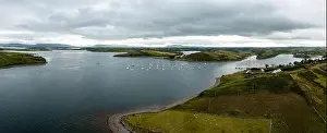 Anchored Prints: drone panorama landscape of Rosmoney Pier and marina and the drumlin islands of Clew Bay