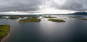 Anchored Prints: drone panorama landscape of Rosmoney Pier and marina and the drumlin islands of Clew Bay