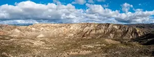 drone panorama landscape view of the Gorafe desert and red clay canyons in southern Spain