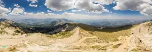 Shqiperia Prints: Drone panorama of Mount Tomorr in the Tomorr National Park with Shrine (tyrbe) of Abbas ibn Ali on the top in Summer