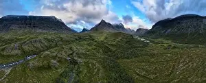 Camping Prints: A drone panorama of the mountains and rivers around the hiking trail between Vistas and Nallo Mountain Huts at sunrise