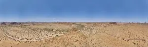 Drone panorama over the Namibian desert landscape near Twyfelfontein during the day in summer