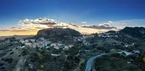 Butte Prints: Drone panorama view of the hilltop village of Santa Severina in Calabria at sunrise