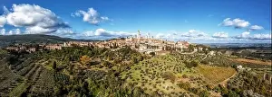 a drone panorama view of the Italian hill town of San Gimignano in Tuscany